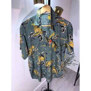 Caesar Button Down Shirt Green Mens Short Sleeve Abstract Graphic bold vintage